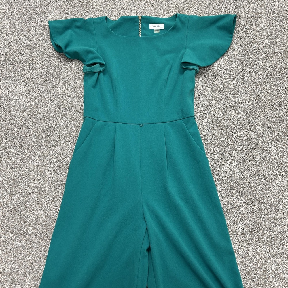 Calvin Klein Jumpsuit Womens 4 Green Short Sleeve Boat Neck Pockets Wide Leg